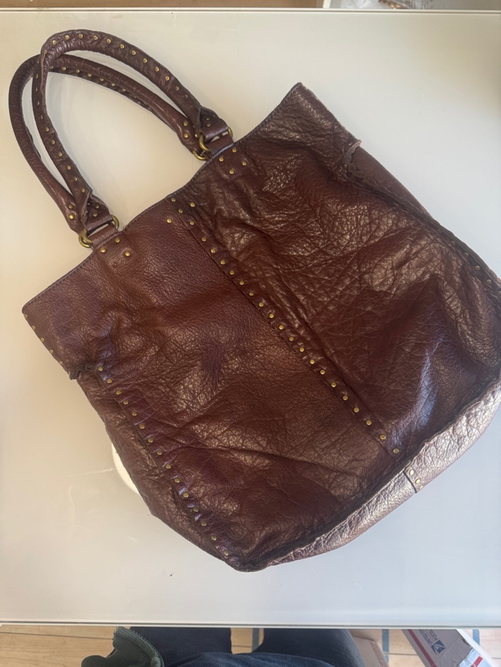 Linea Pelle Gold Studded Leather Burgandy Tote